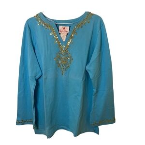 Quacker Factory 100% Cotton Blue Sweatshirt with‎ Gold Accents